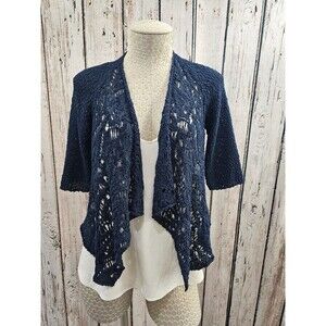 LM Women's M D. Exterior Italy Open Weave Cropped Shrug Cardigan Navy Blue EUC